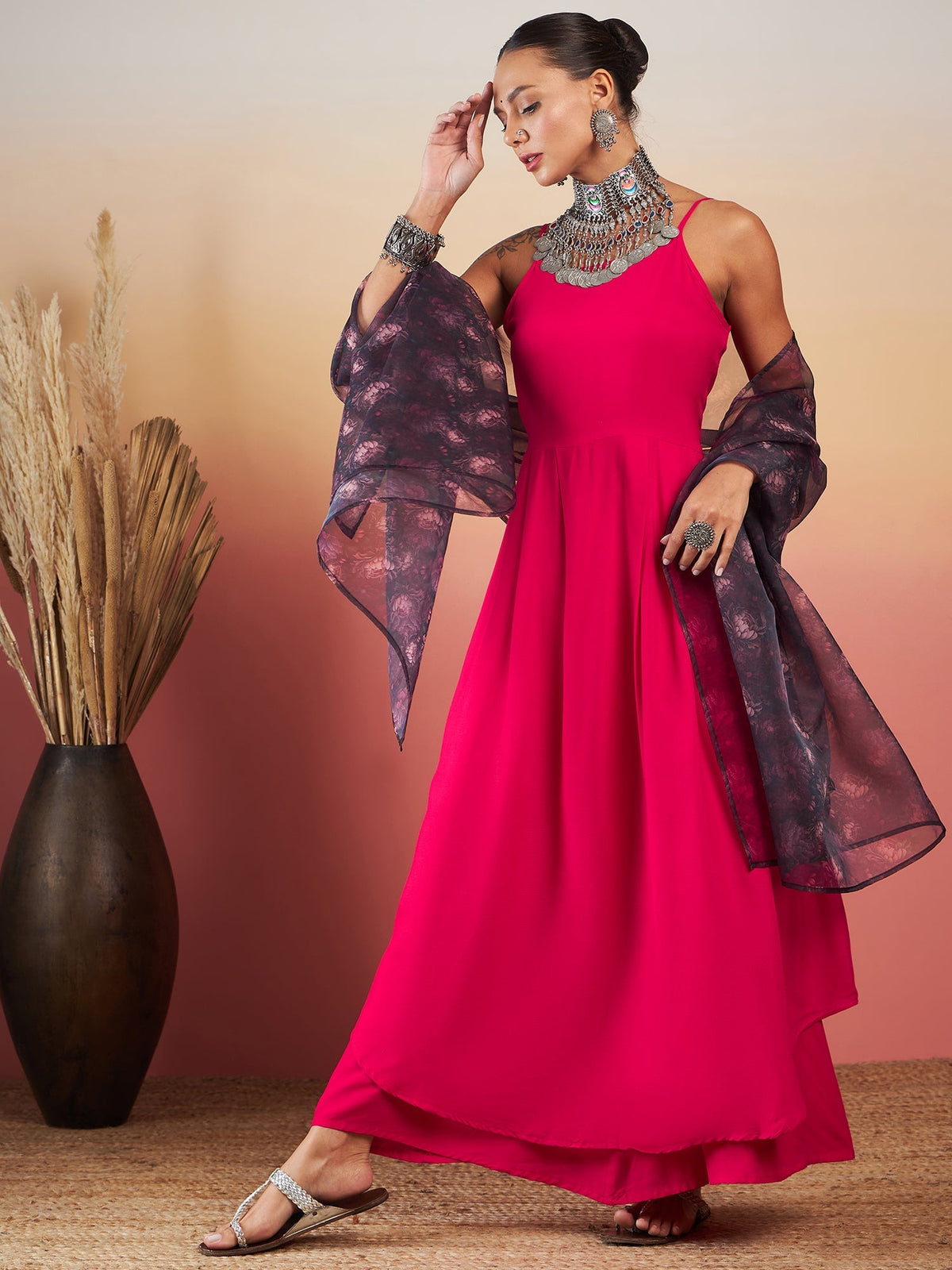 InWeave Fuchsia Strappy W Black Dark Floral Print Or Dupatta Set | Grocsy