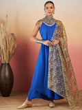 InWeave Ink Blue Strappy W Olive Liberty Print Organza Dupatta Set | Grocsy