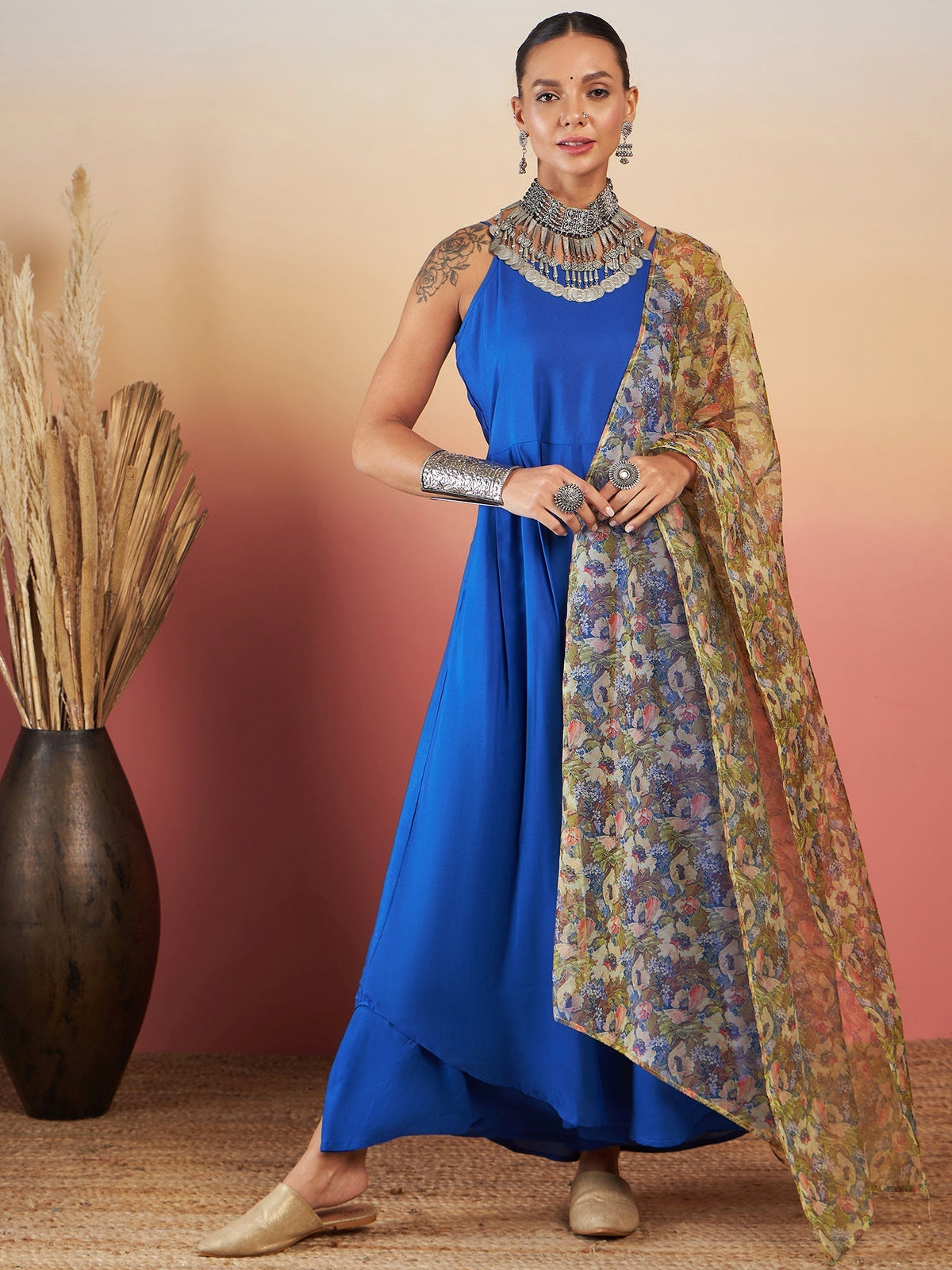InWeave Ink Blue Strappy W Olive Liberty Print Organza Dupatta Set | Grocsy