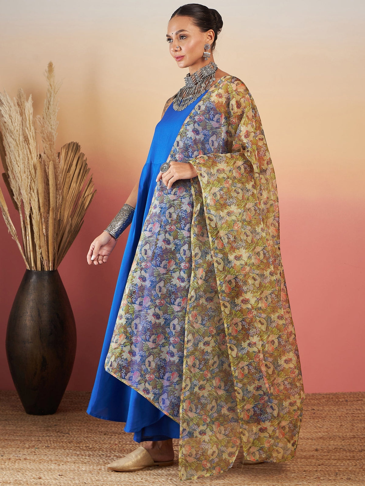 InWeave Ink Blue Strappy W Olive Liberty Print Organza Dupatta Set | Grocsy
