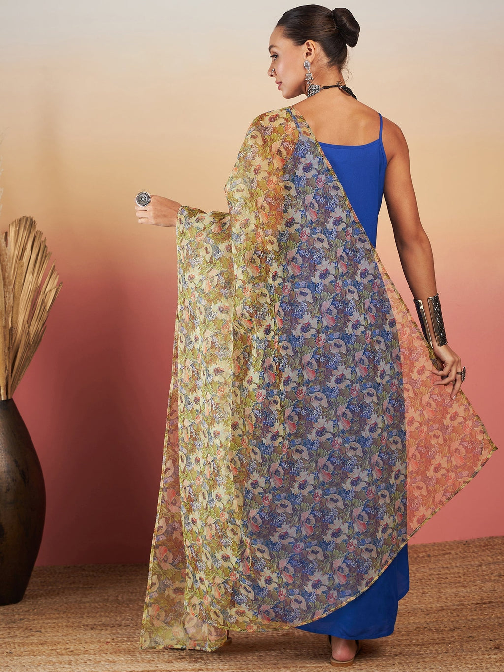 InWeave Ink Blue Strappy W Olive Liberty Print Organza Dupatta Set | Grocsy