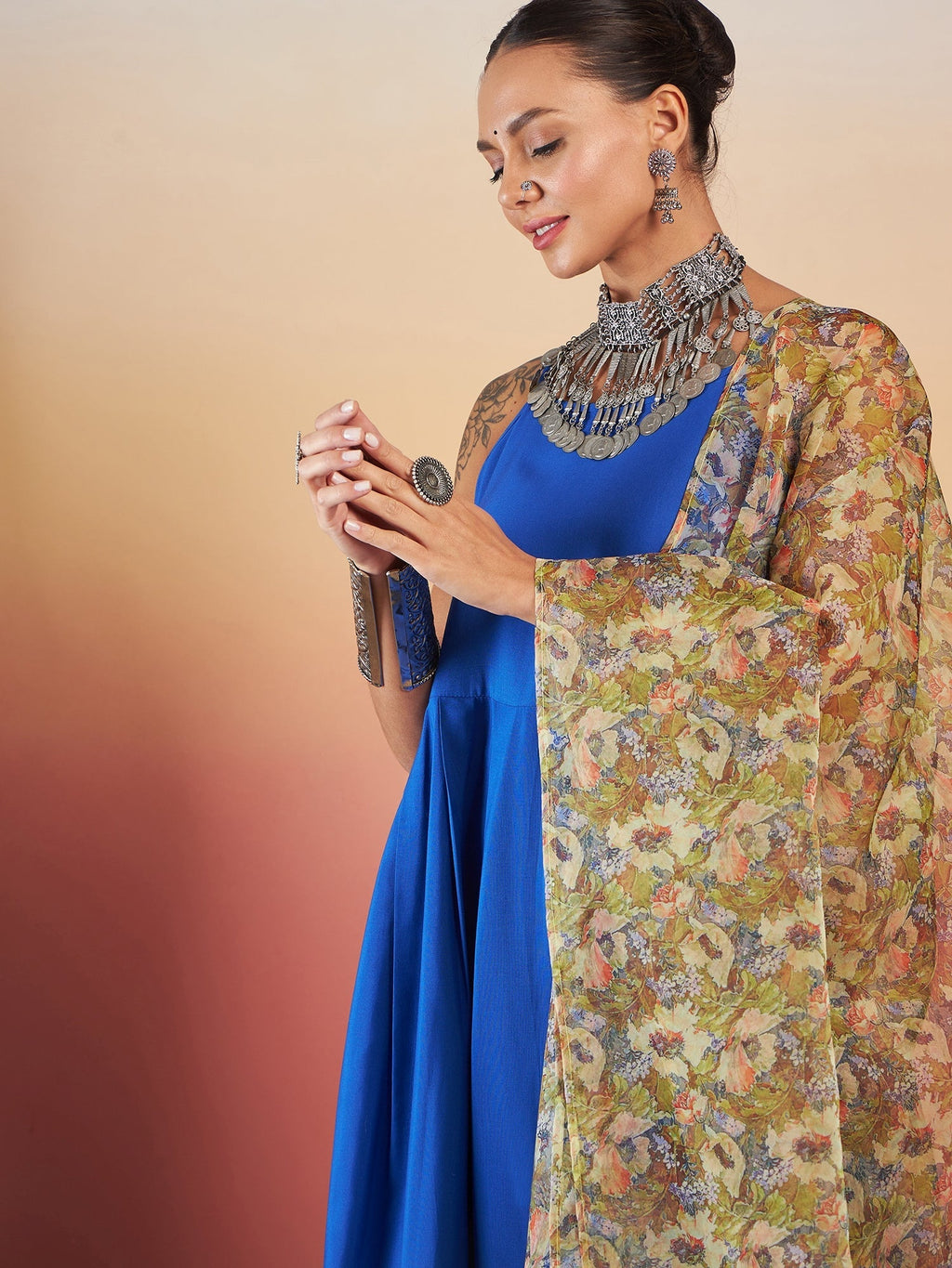 InWeave Ink Blue Strappy W Olive Liberty Print Organza Dupatta Set | Grocsy