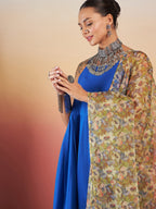 InWeave Ink Blue Strappy W Olive Liberty Print Organza Dupatta Set | Grocsy