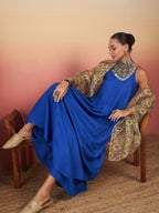 InWeave Ink Blue Strappy W Olive Liberty Print Organza Dupatta Set | Grocsy