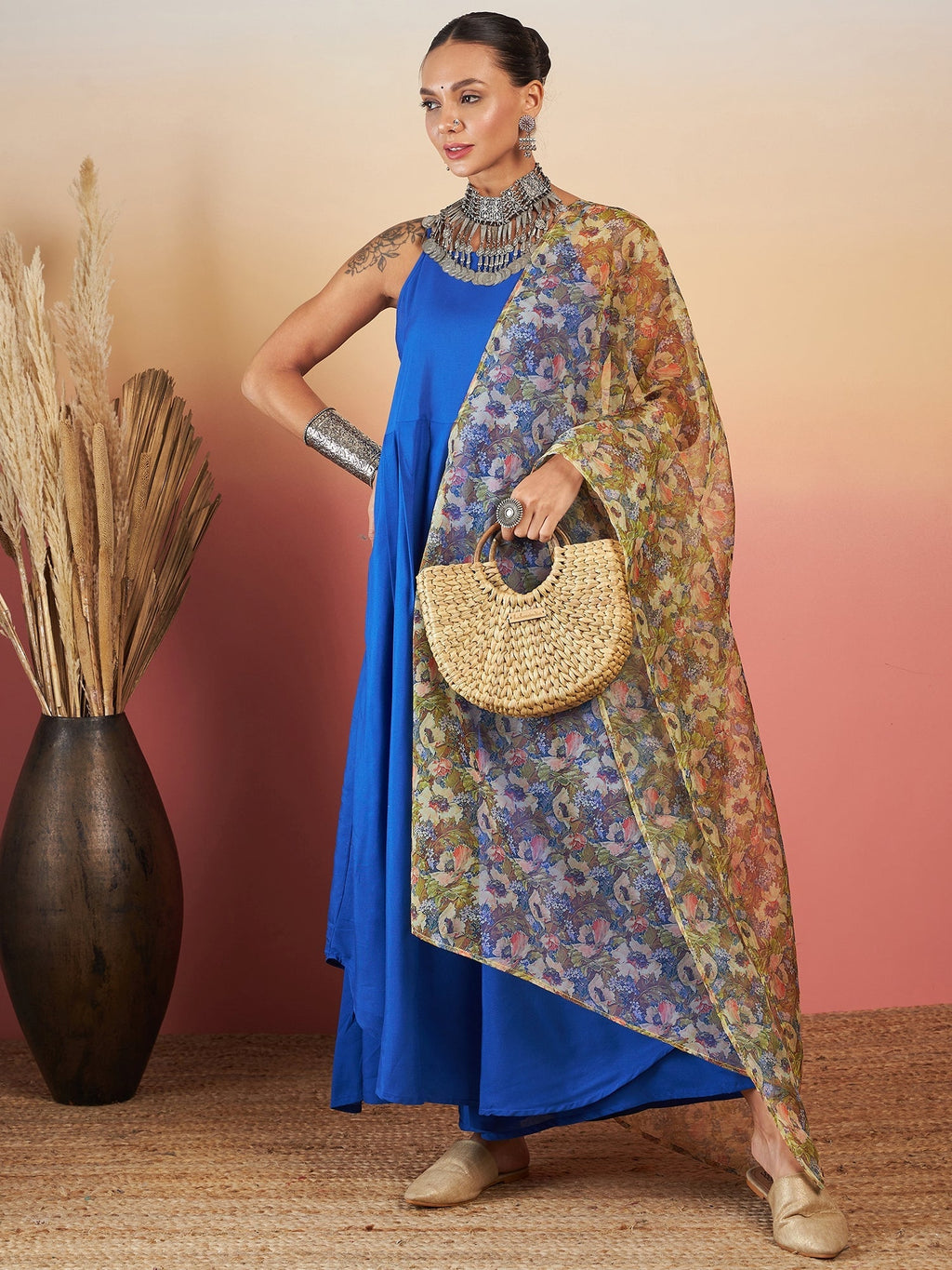 InWeave Ink Blue Strappy W Olive Liberty Print Organza Dupatta Set | Grocsy