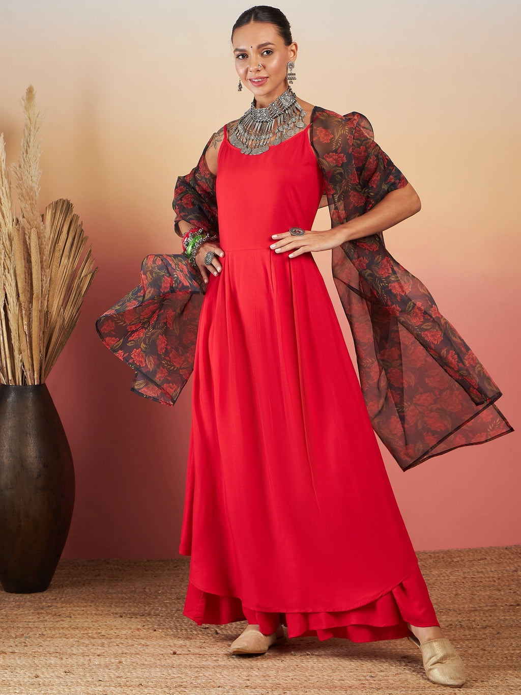 InWeave Red Strappy W Black Orange Floral Print Or Dupatta Set | Grocsy