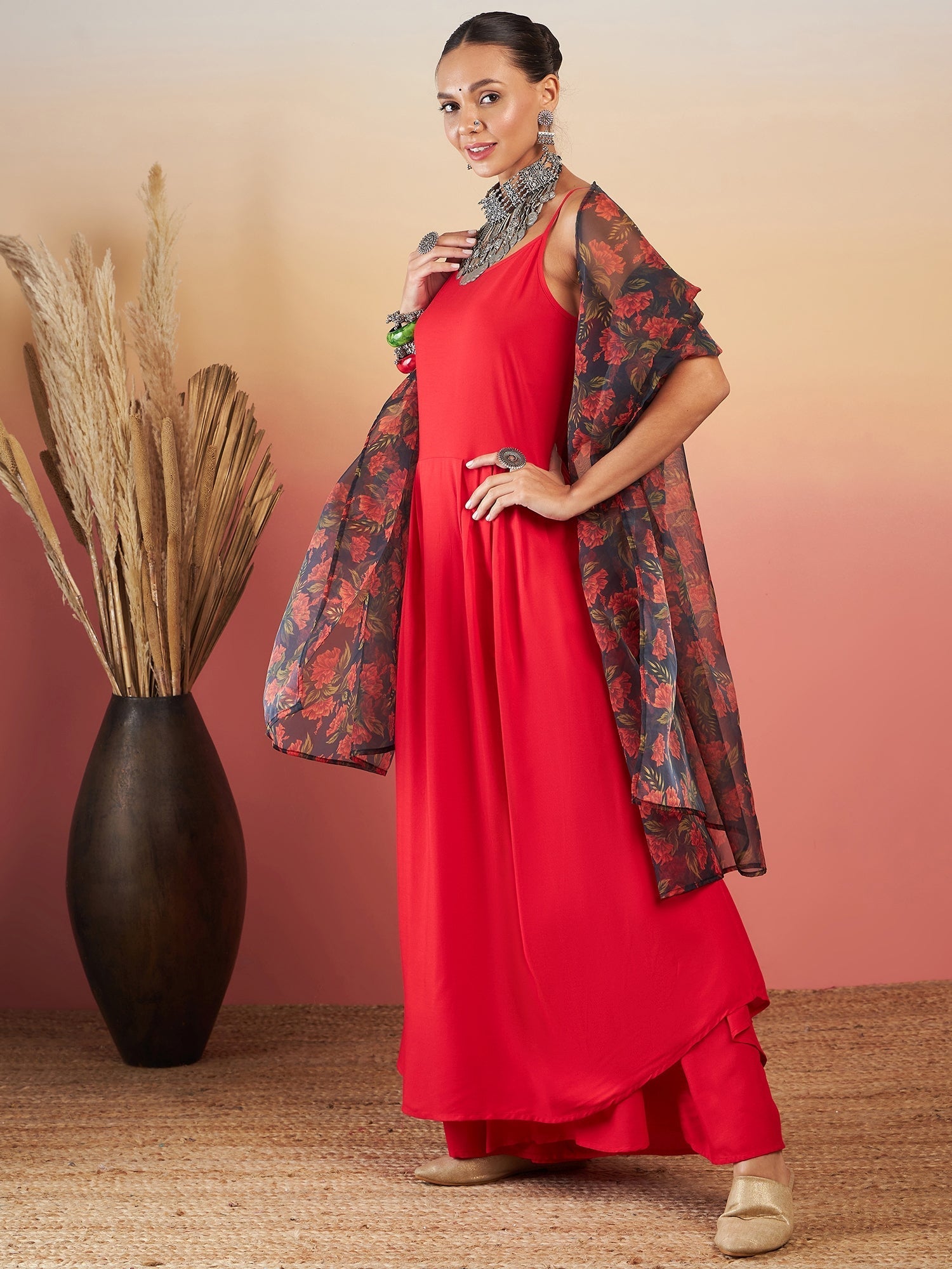 InWeave Red Strappy W Black Orange Floral Print Or Dupatta Set | Grocsy