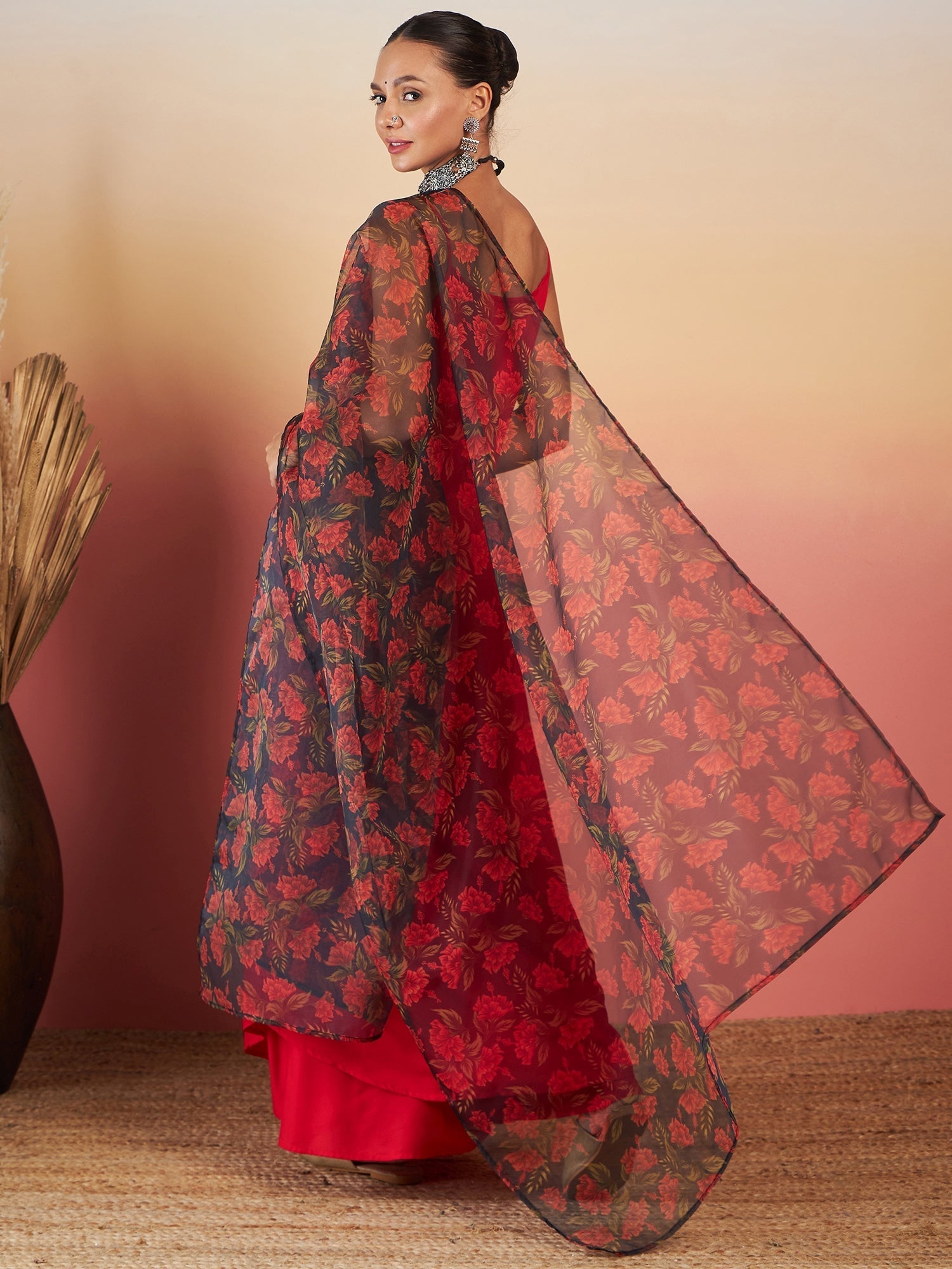 InWeave Red Strappy W Black Orange Floral Print Or Dupatta Set | Grocsy