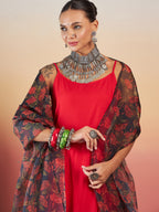 InWeave Red Strappy W Black Orange Floral Print Or Dupatta Set | Grocsy
