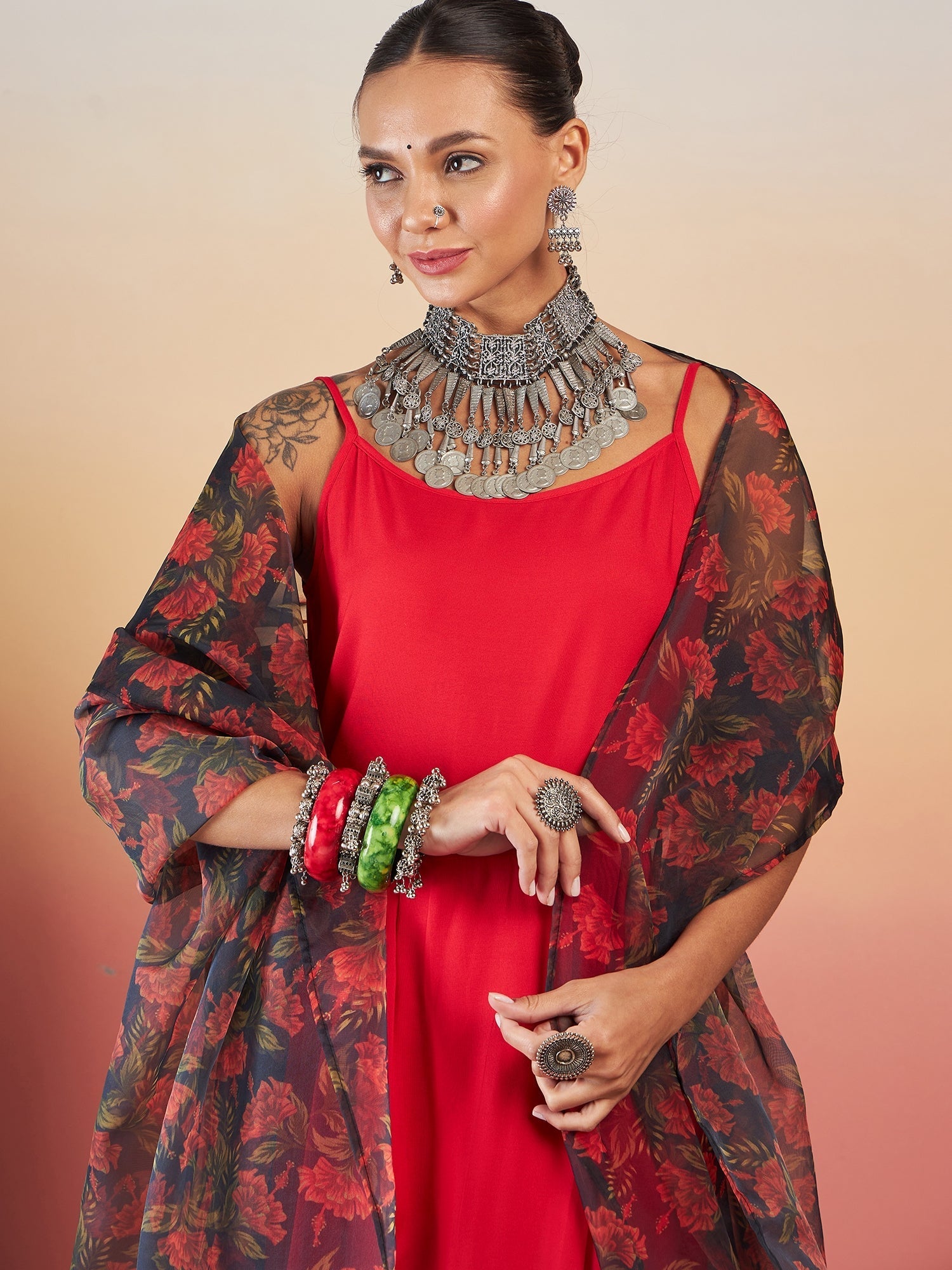 InWeave Red Strappy W Black Orange Floral Print Or Dupatta Set | Grocsy