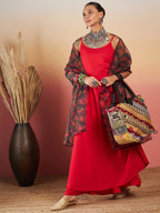 InWeave Red Strappy W Black Orange Floral Print Or Dupatta Set | Grocsy