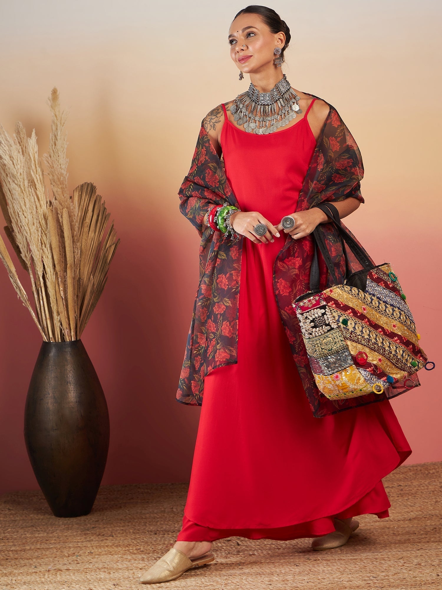 InWeave Red Strappy W Black Orange Floral Print Or Dupatta Set | Grocsy
