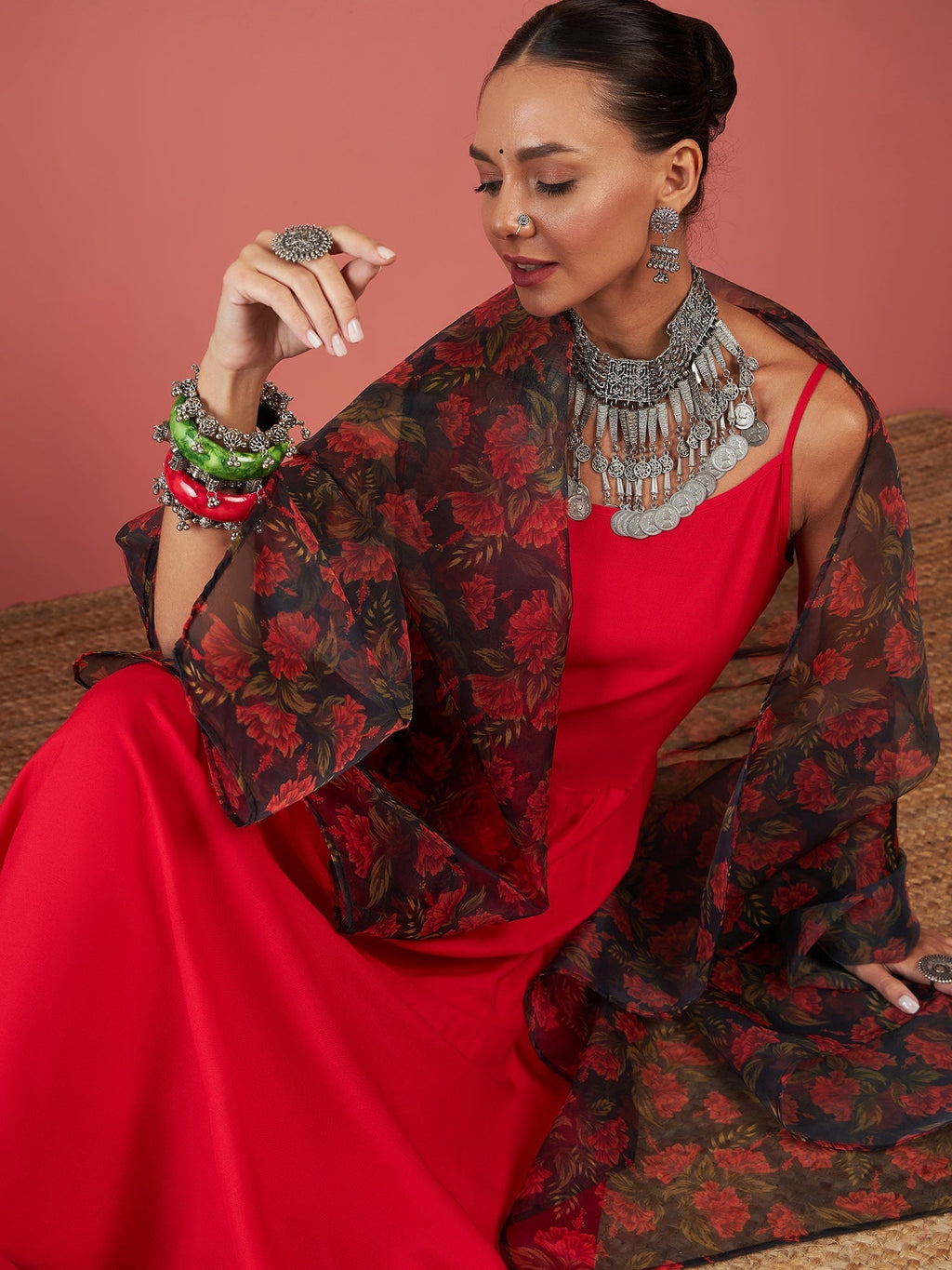 InWeave Red Strappy W Black Orange Floral Print Or Dupatta Set | Grocsy