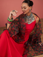 InWeave Red Strappy W Black Orange Floral Print Or Dupatta Set | Grocsy