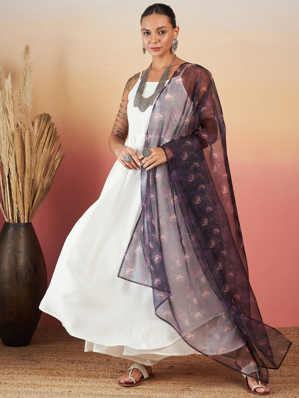 InWeave White Strappy W Black Dark Floral Print Or Dupatta Set | Grocsy