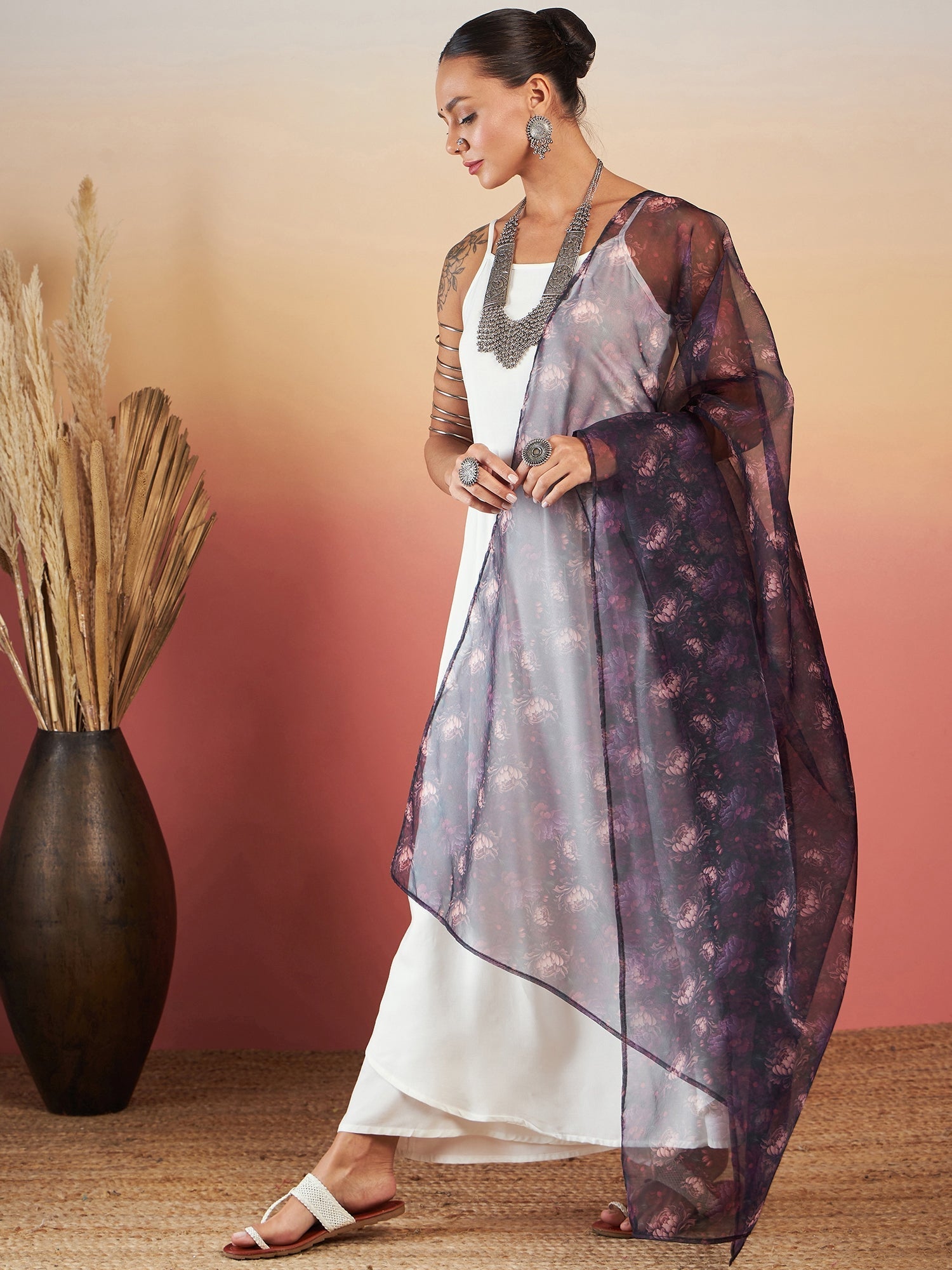 InWeave White Strappy W Black Dark Floral Print Or Dupatta Set | Grocsy