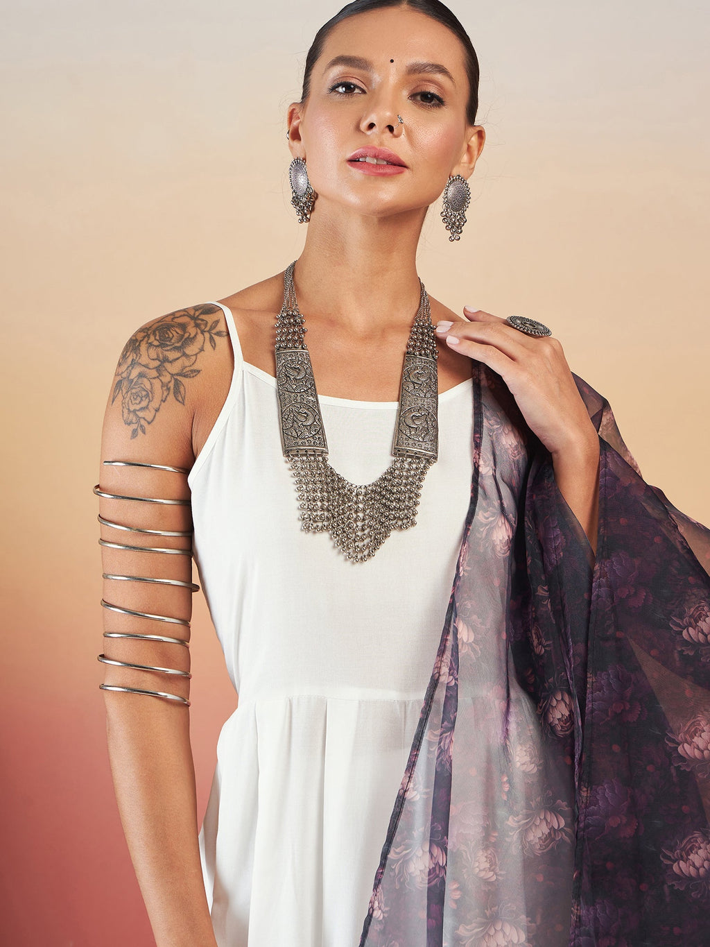 InWeave White Strappy W Black Dark Floral Print Or Dupatta Set | Grocsy