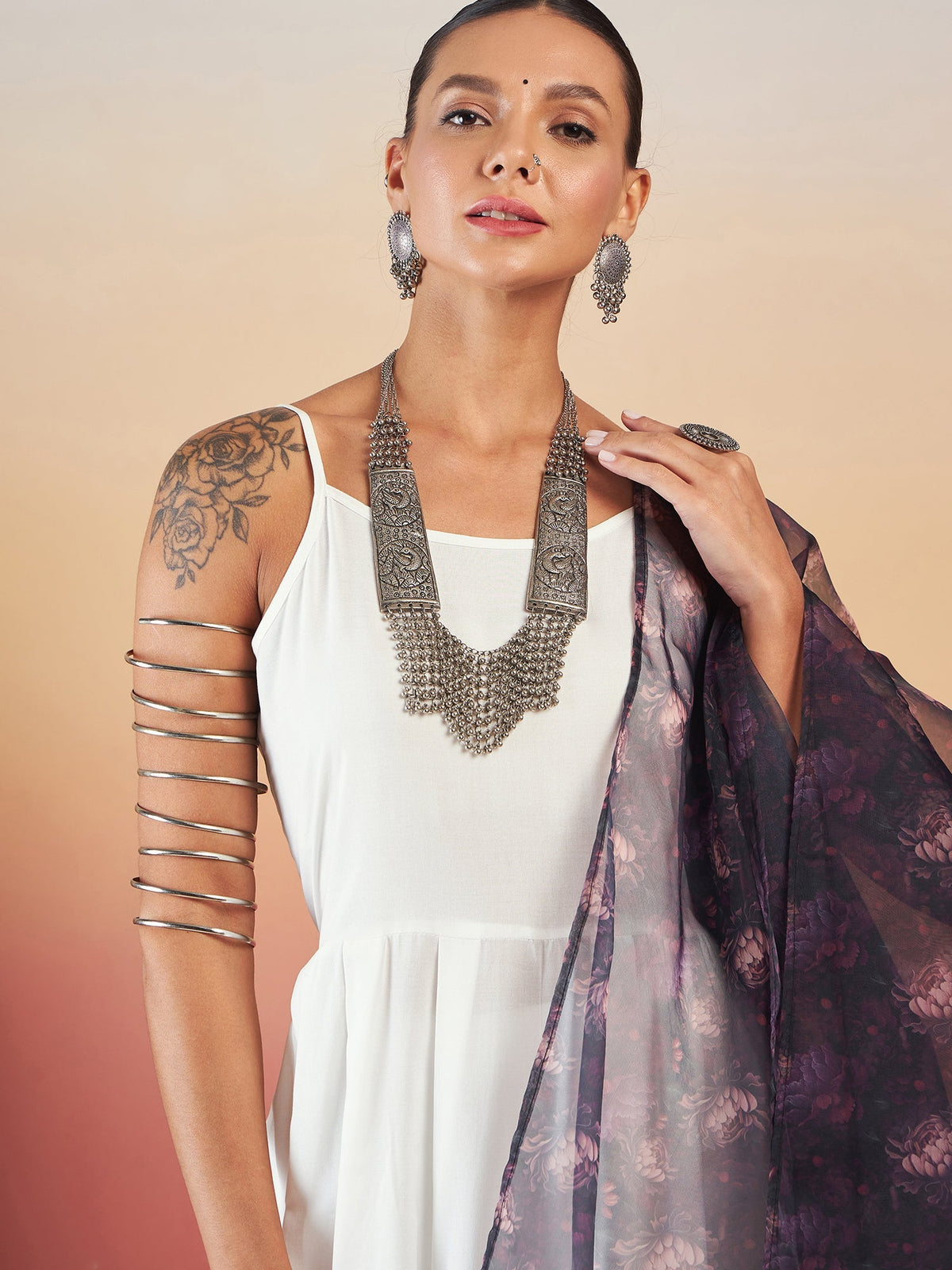InWeave White Strappy W Black Dark Floral Print Or Dupatta Set | Grocsy