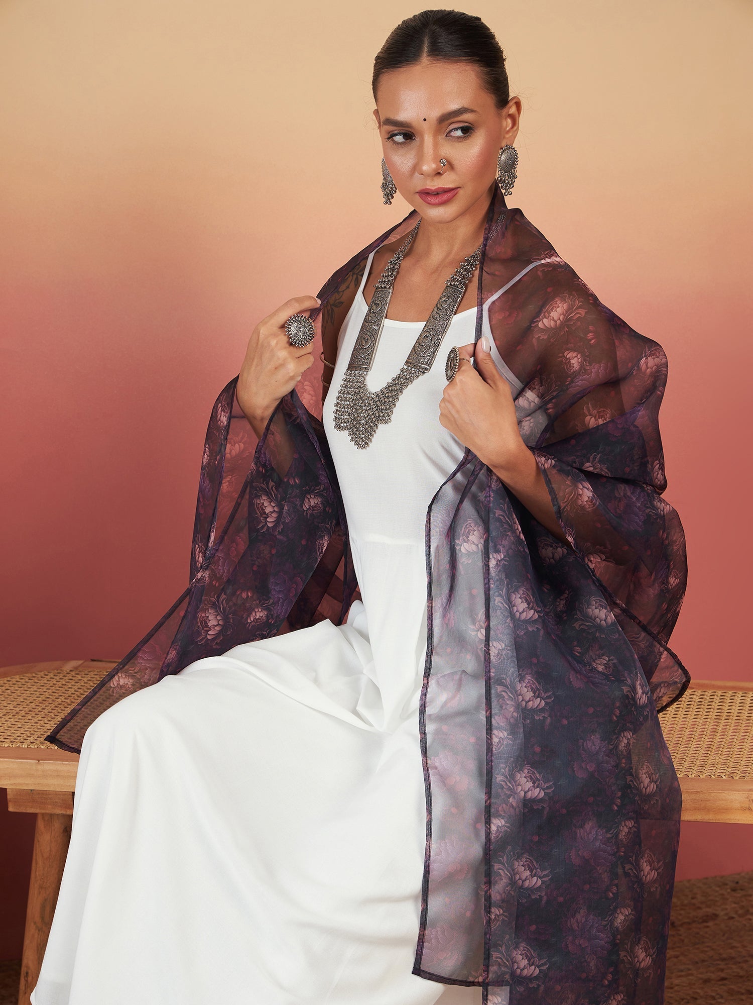 InWeave White Strappy W Black Dark Floral Print Or Dupatta Set | Grocsy