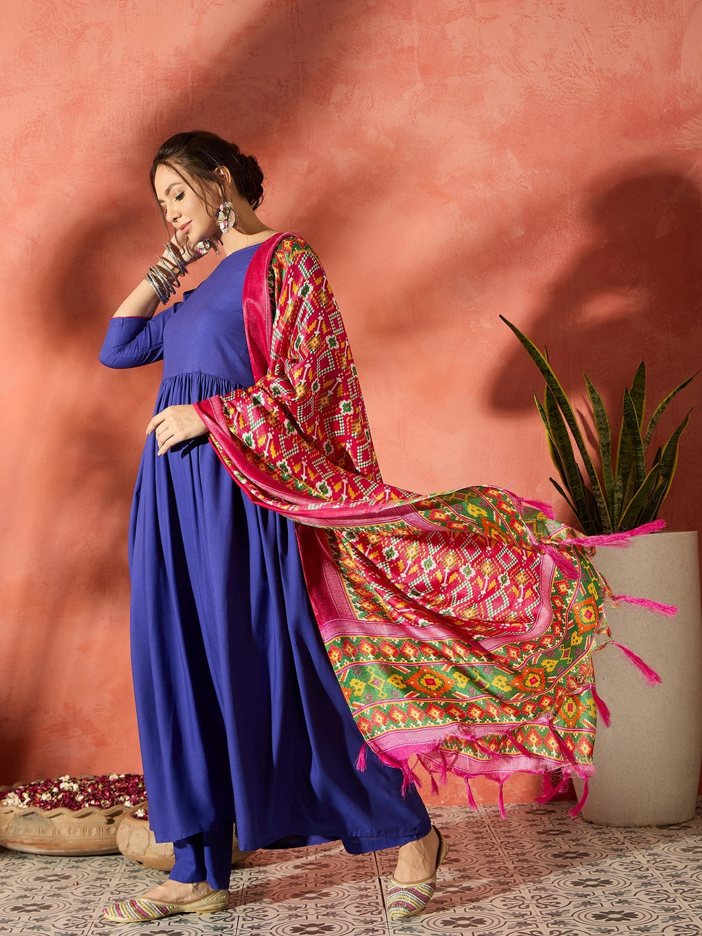 InWeave Ink Blue Anarkali Patola Kurta Set | Grocsy