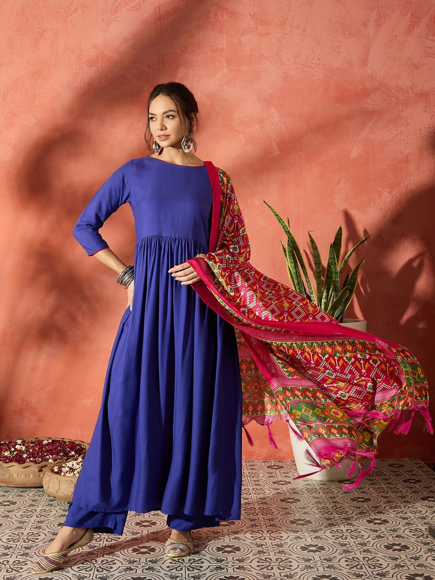 InWeave Ink Blue Anarkali Patola Kurta Set | Grocsy