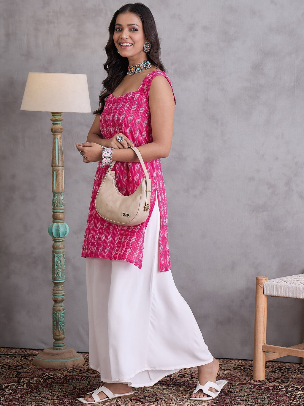 InWeave Fuchsia Kantha Cream Palazzo Set | Grocsy