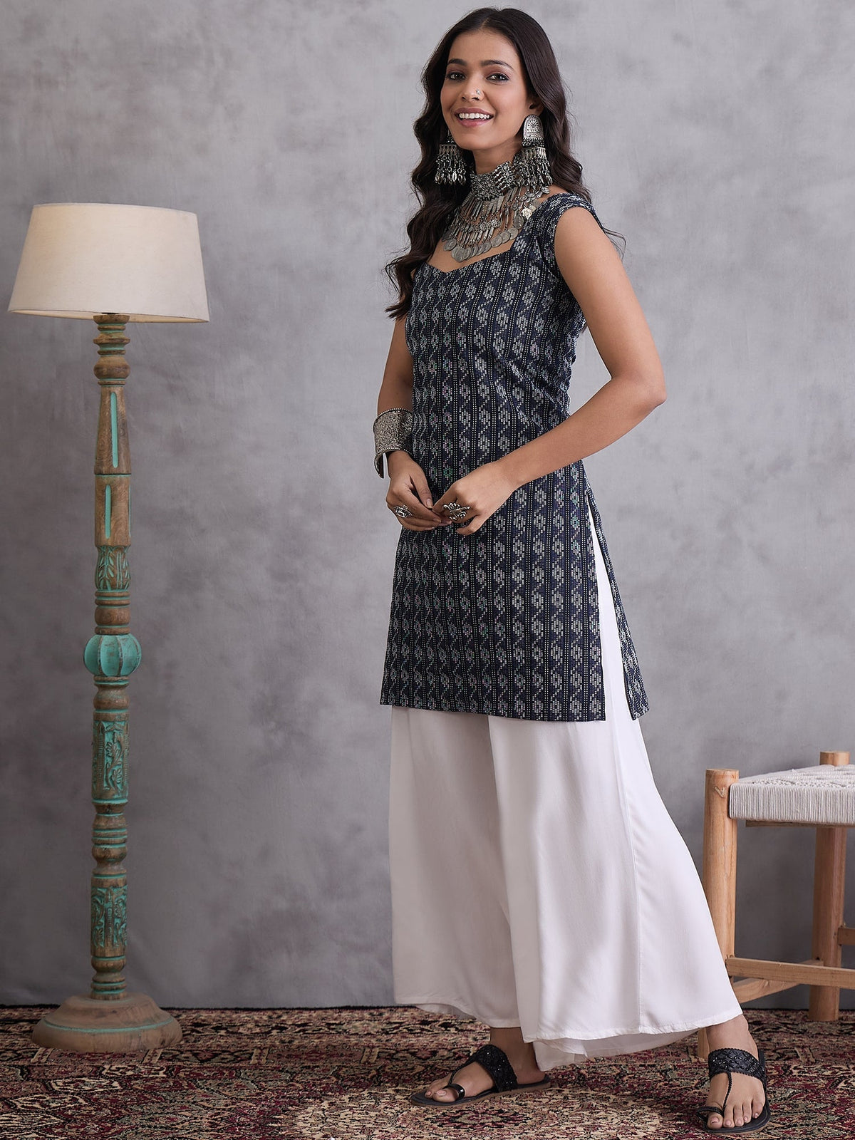 InWeave Black Kantha Cream Palazzo Set | Grocsy