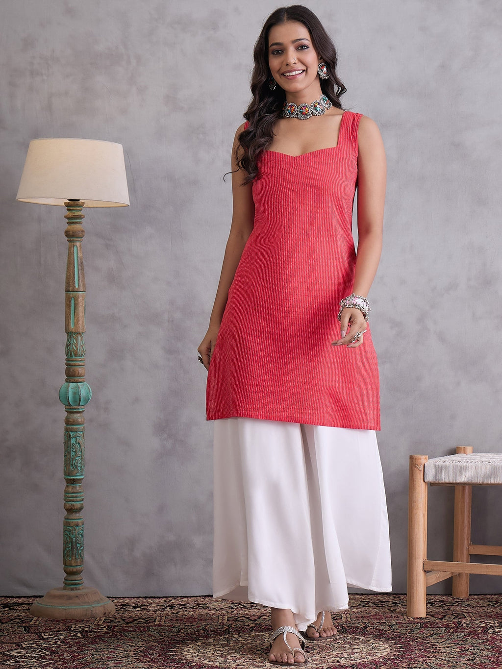 InWeave Red Kantha Cream Palazzo Set | Grocsy