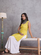 InWeave Yellow Kantha Cream Palazzo Set | Grocsy