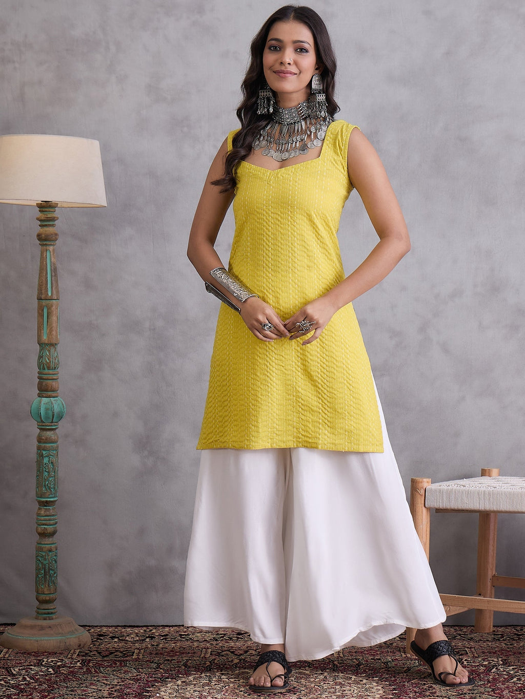InWeave Yellow Kantha Cream Palazzo Set | Grocsy