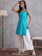 InWeave Cyan Blue Kantha Cream Palazzo Set | Grocsy