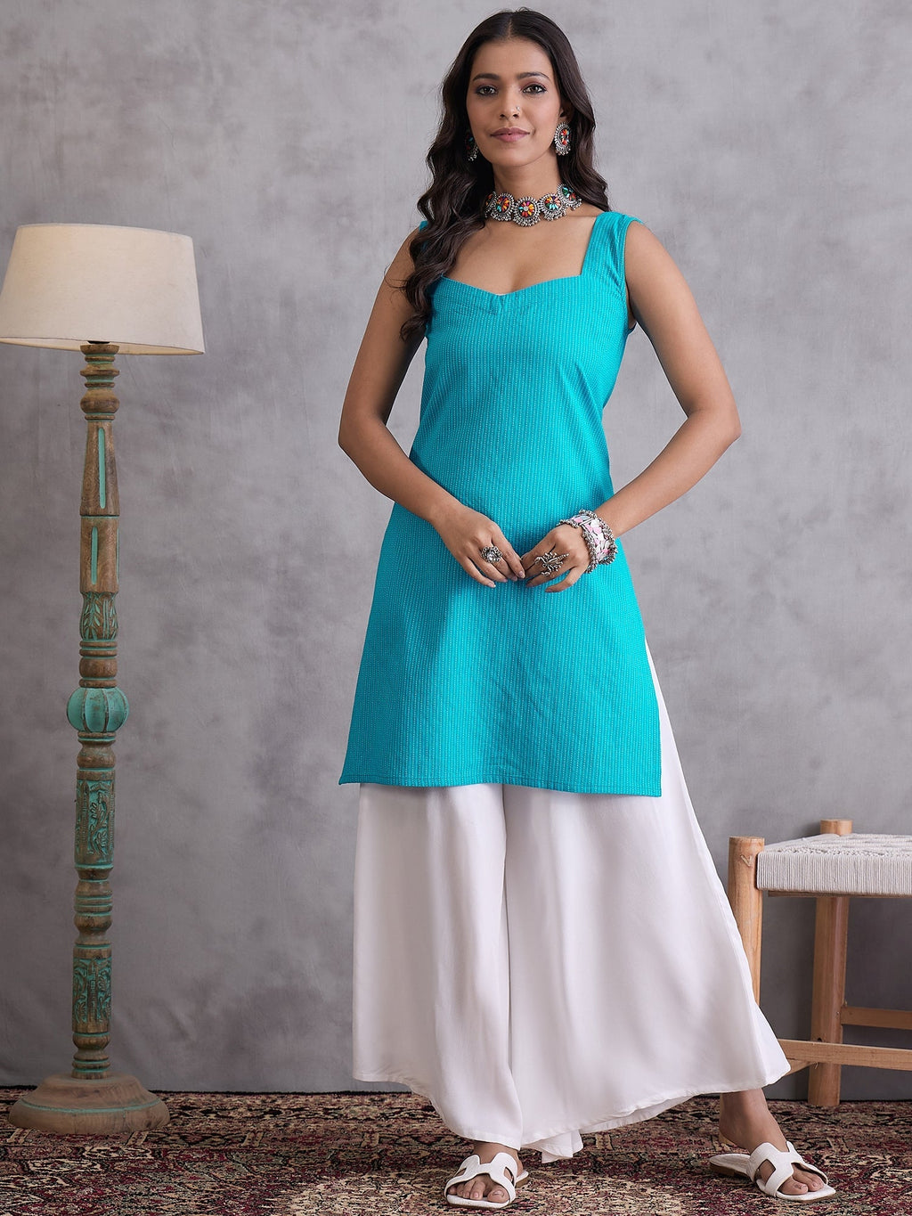 InWeave Cyan Blue Kantha Cream Palazzo Set | Grocsy