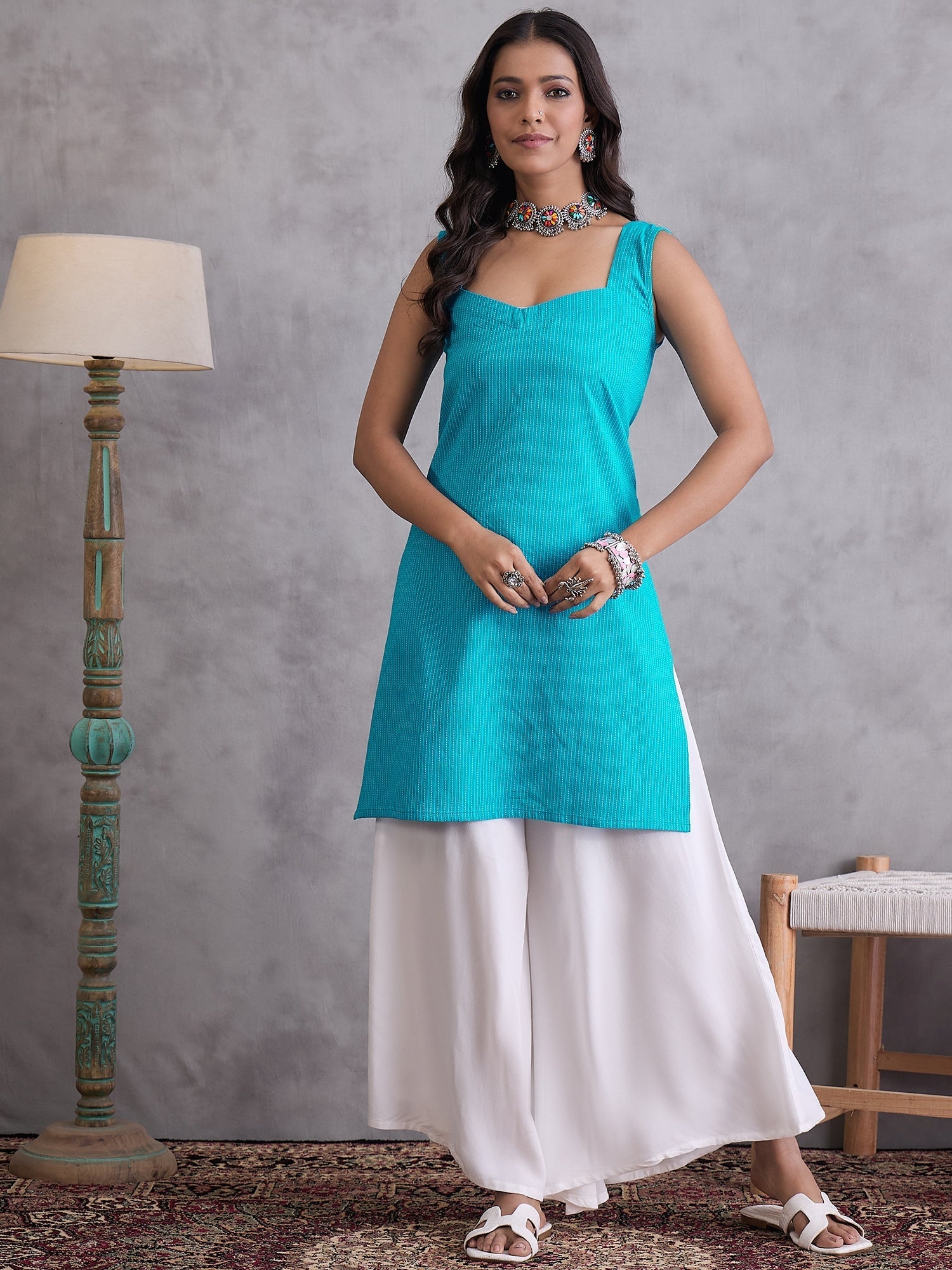InWeave Cyan Blue Kantha Cream Palazzo Set | Grocsy