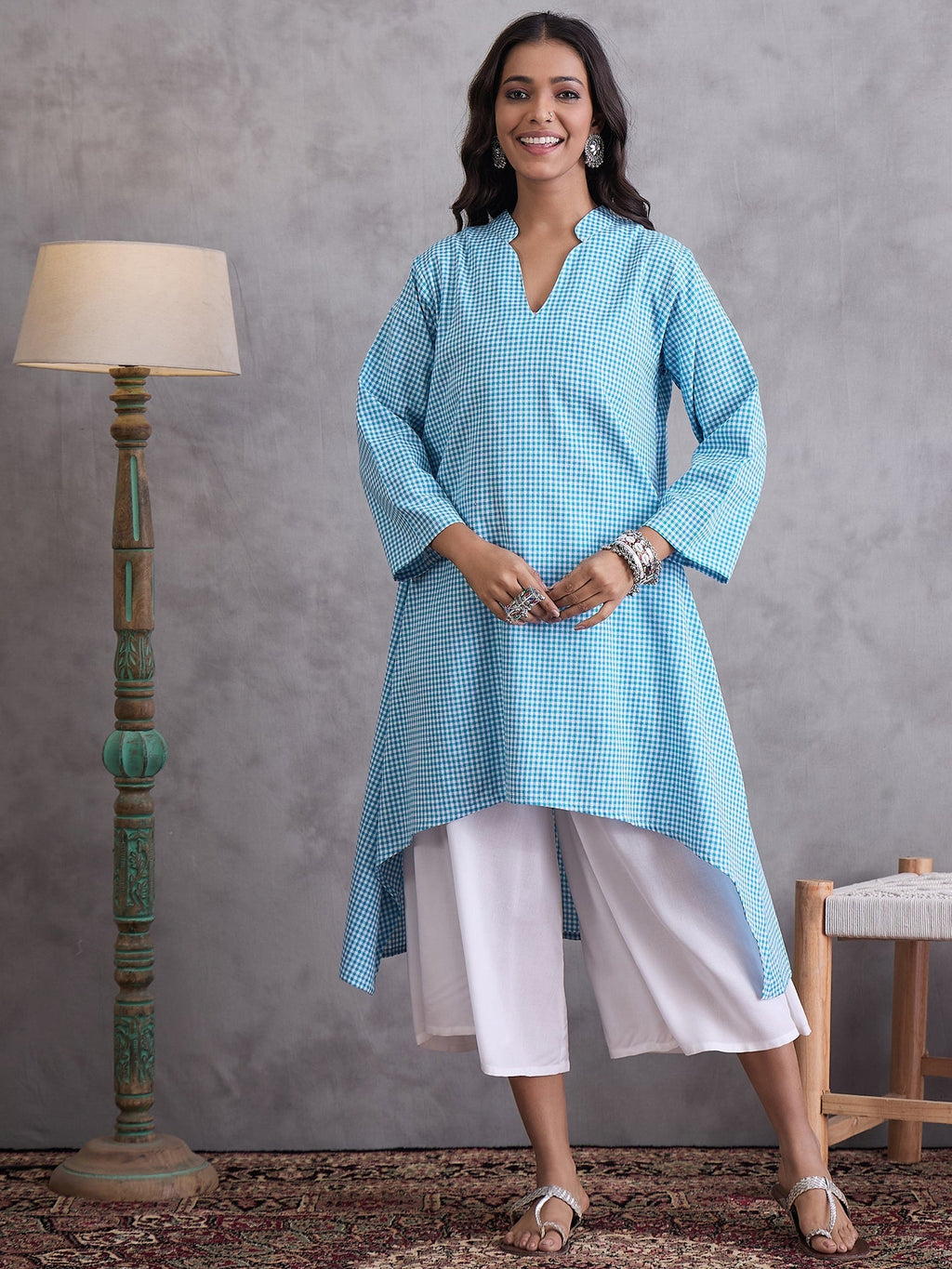 InWeave Cyan Blue Small Check Cream Palazzo Set | Grocsy