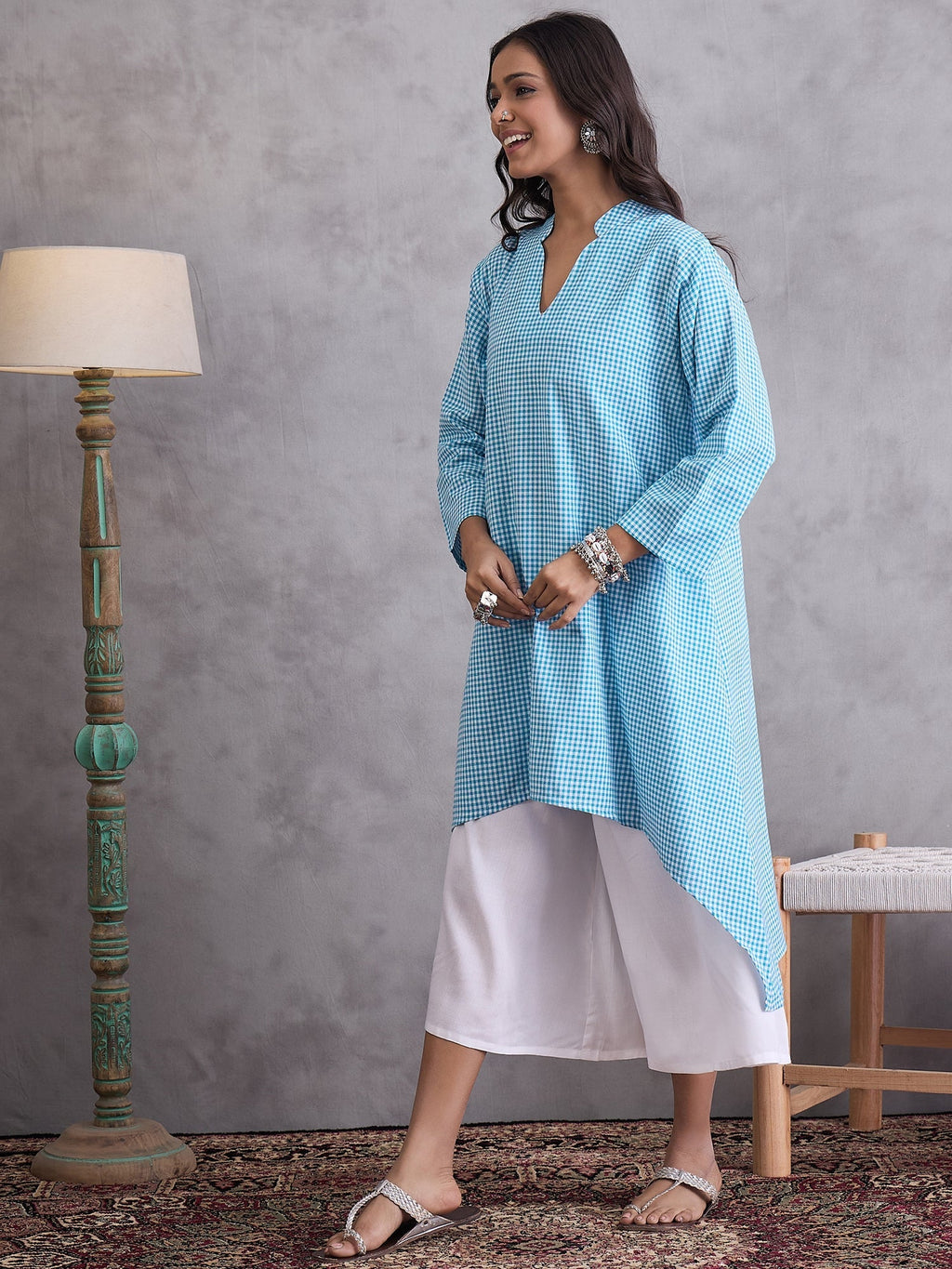 InWeave Cyan Blue Small Check Cream Palazzo Set | Grocsy