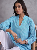 InWeave Cyan Blue Small Check Cream Palazzo Set | Grocsy