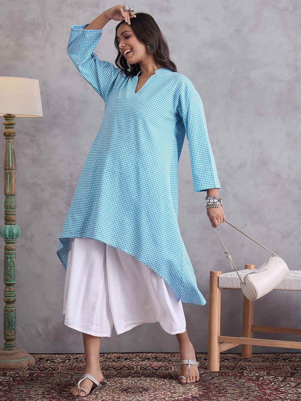 InWeave Cyan Blue Small Check Cream Palazzo Set | Grocsy