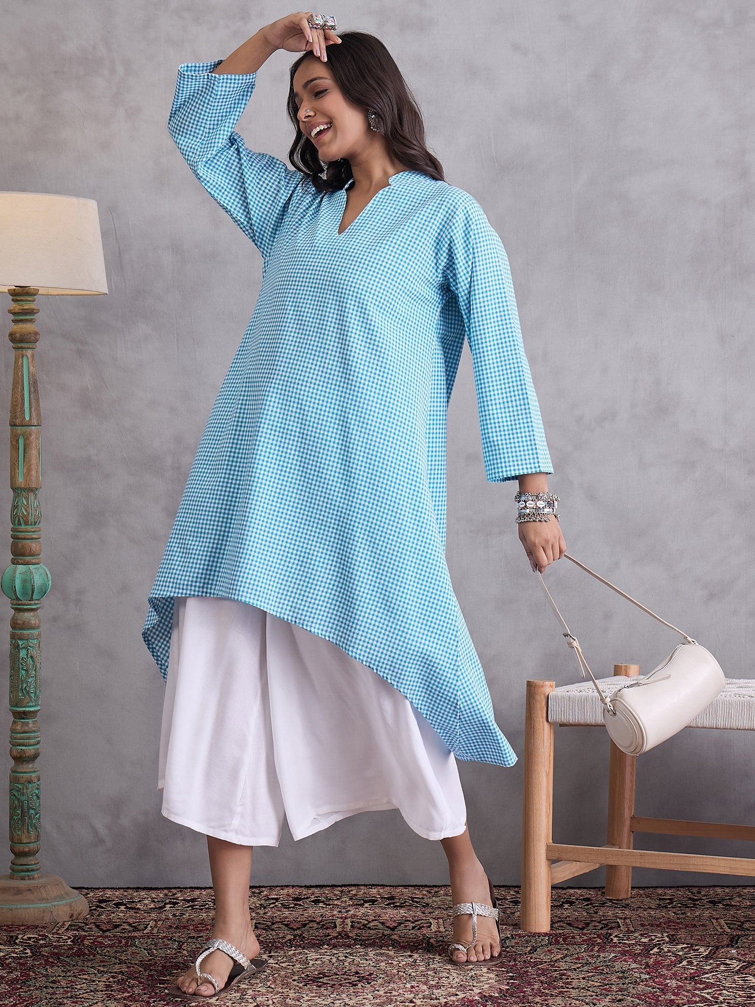 InWeave Cyan Blue Small Check Cream Palazzo Set | Grocsy