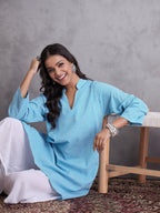 InWeave Cyan Blue Small Check Cream Palazzo Set | Grocsy