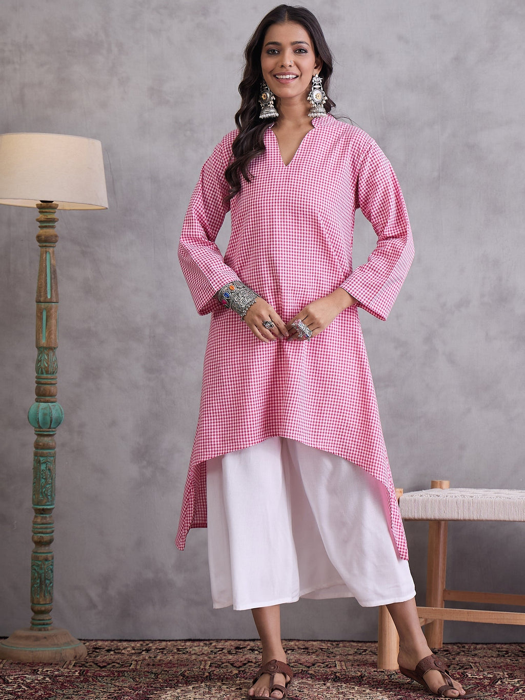 InWeave Pink Small Check Cream Palazzo Set | Grocsy