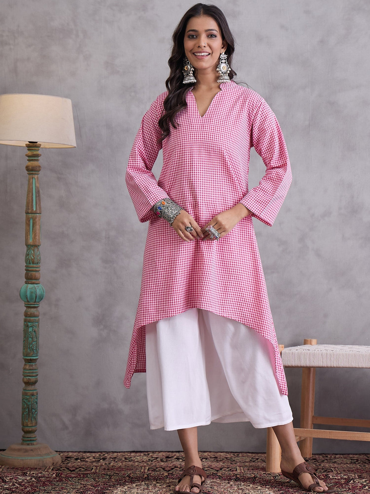 InWeave Pink Small Check Cream Palazzo Set | Grocsy