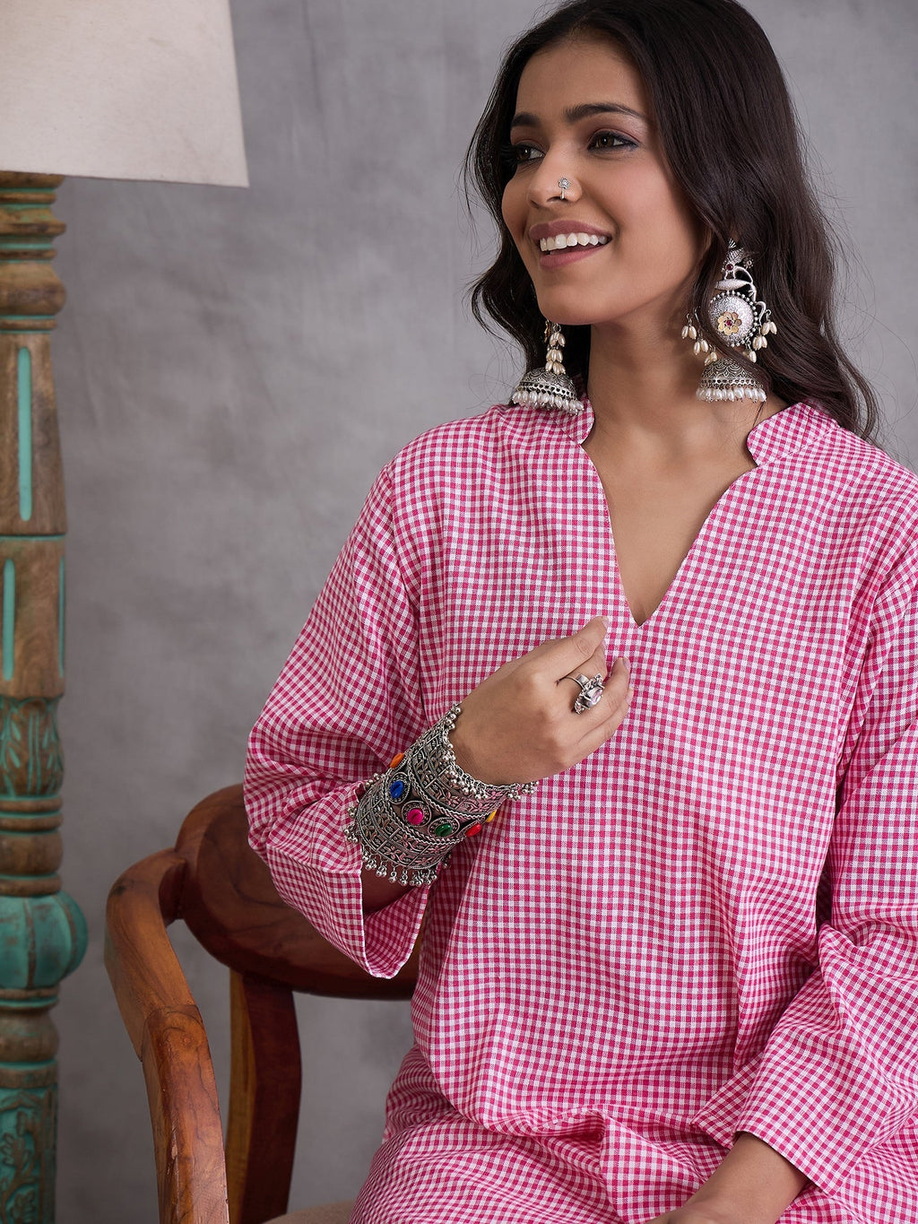 InWeave Pink Small Check Cream Palazzo Set | Grocsy