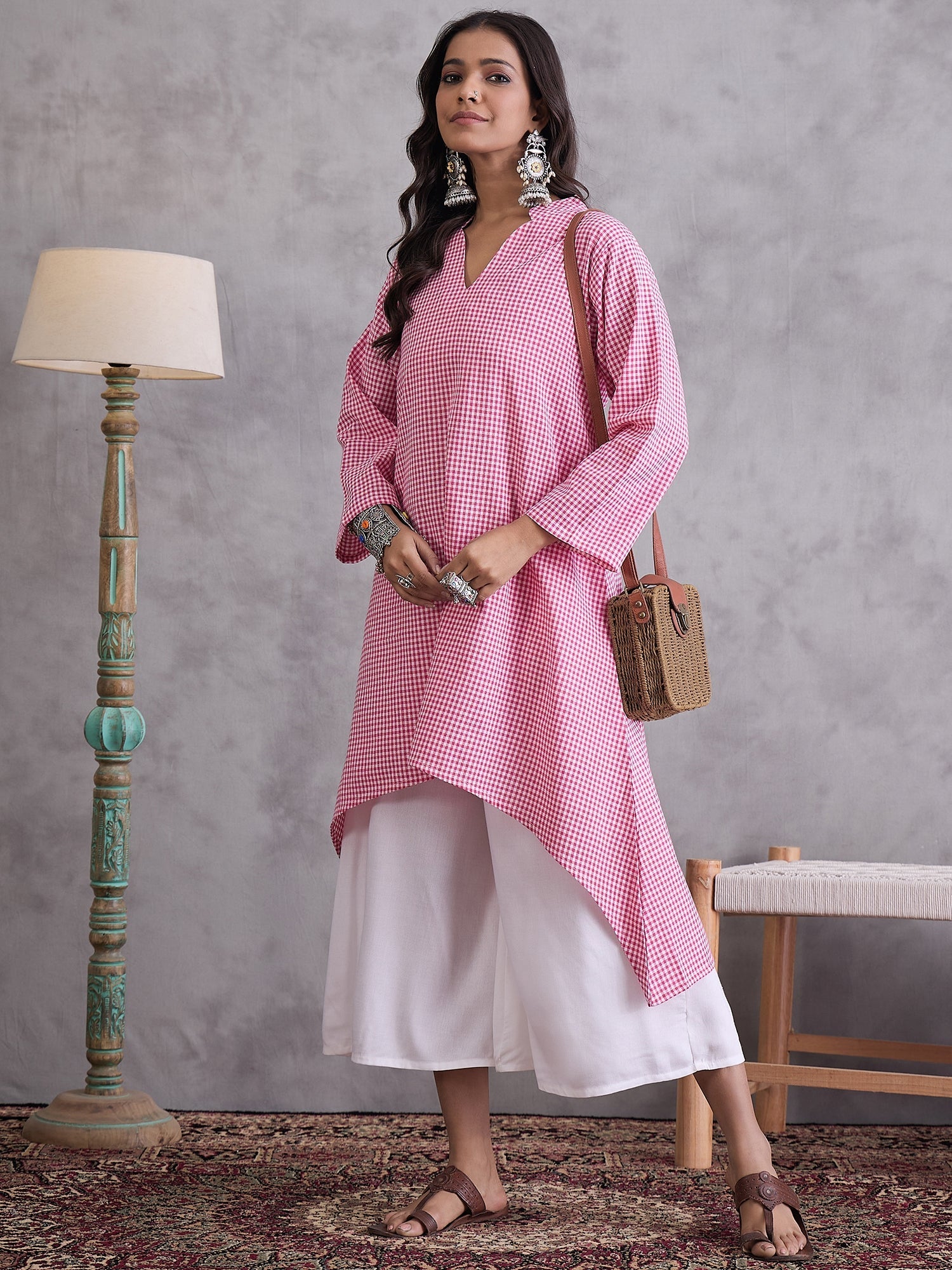 InWeave Pink Small Check Cream Palazzo Set | Grocsy