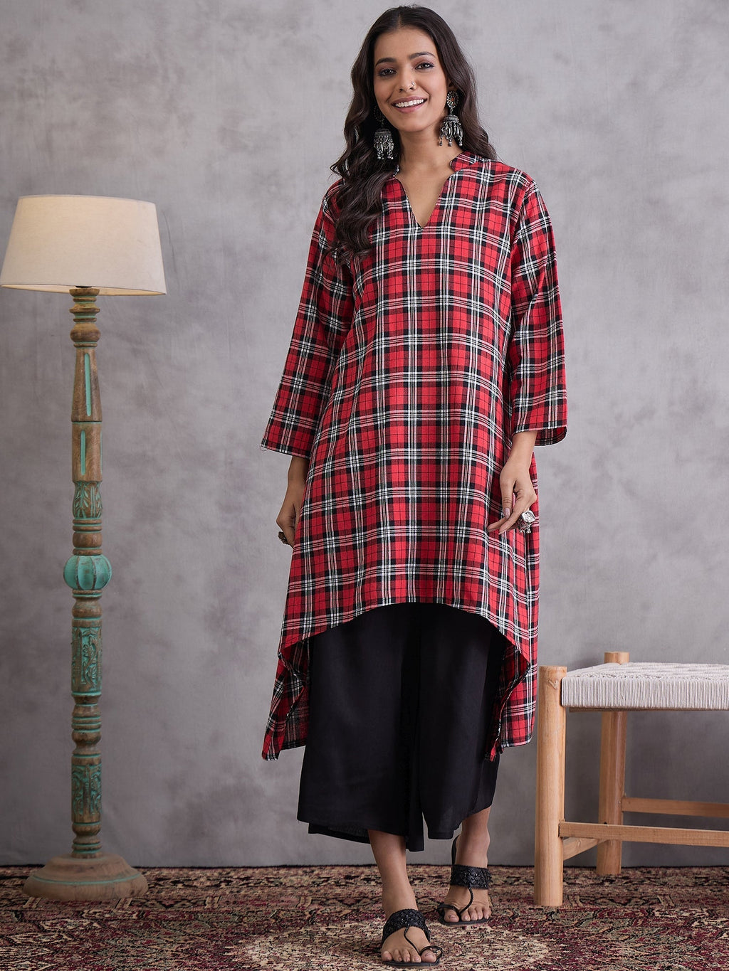 InWeave Red Black Check Black Palazzo Set | Grocsy