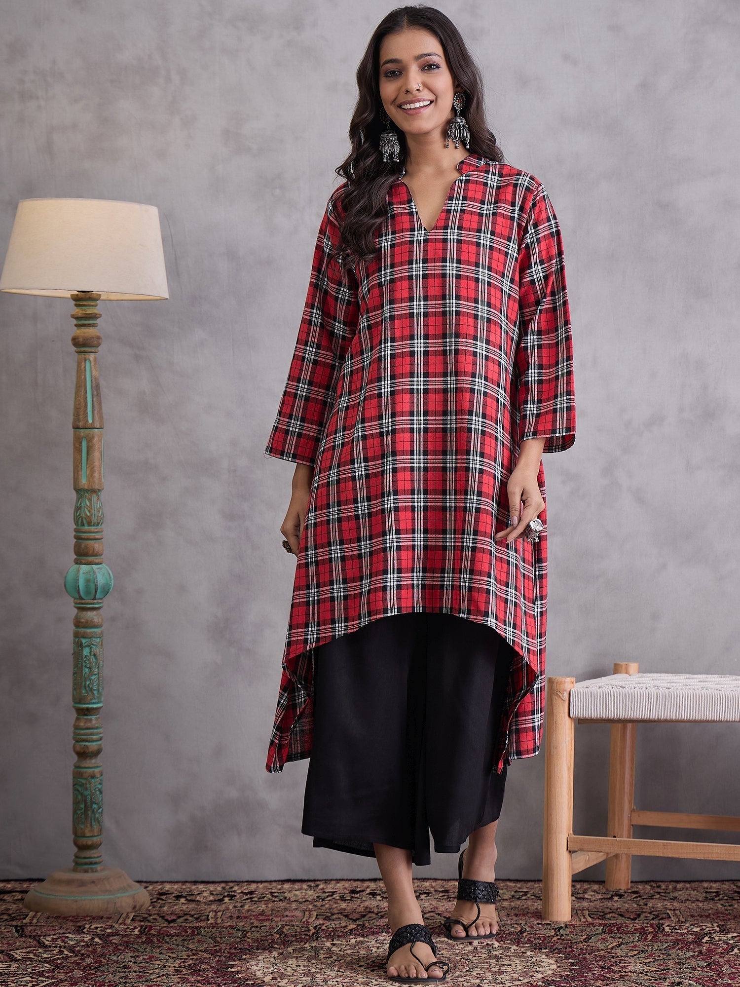 InWeave Red Black Check Black Palazzo Set | Grocsy