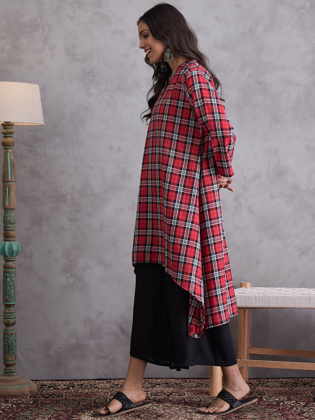 InWeave Red Black Check Black Palazzo Set | Grocsy