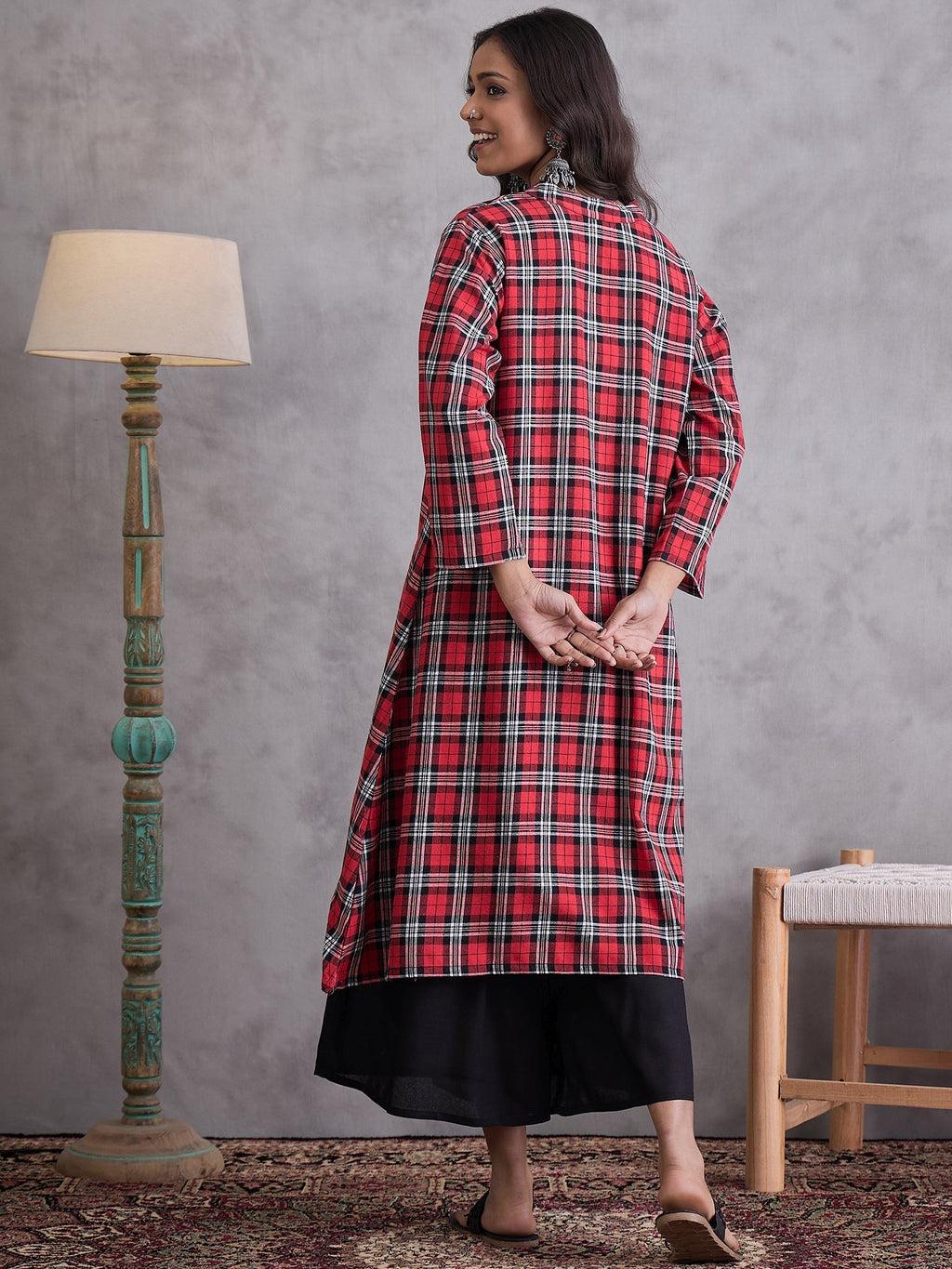 InWeave Red Black Check Black Palazzo Set | Grocsy