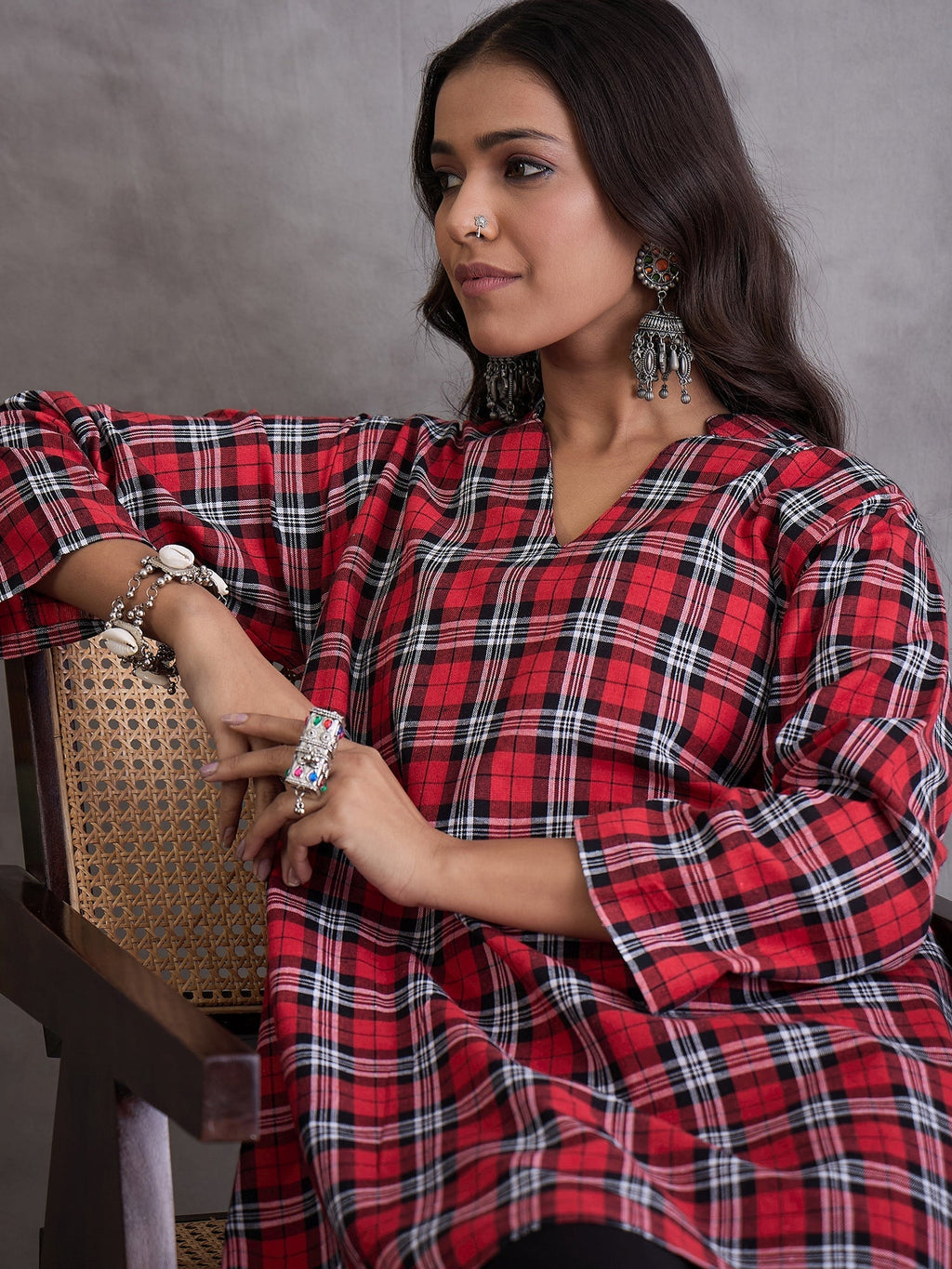 InWeave Red Black Check Black Palazzo Set | Grocsy