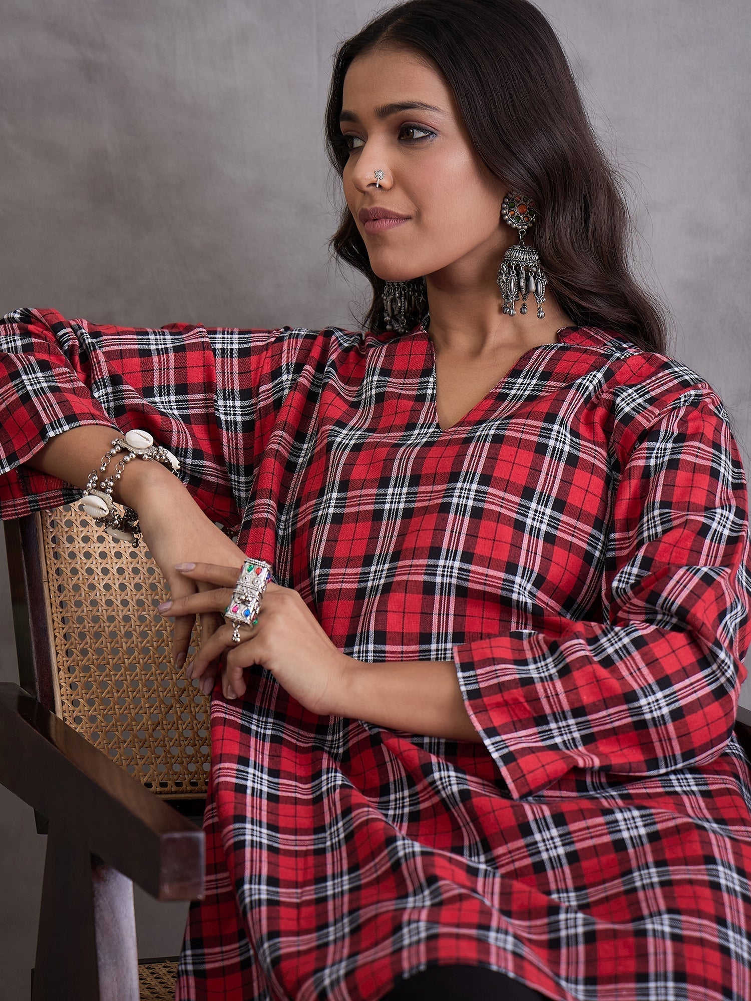 InWeave Red Black Check Black Palazzo Set | Grocsy