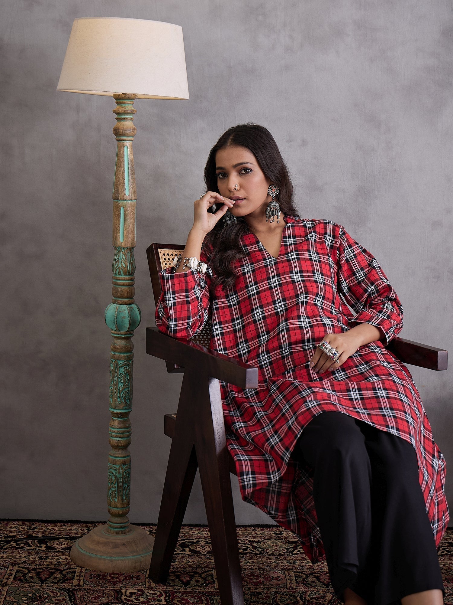 InWeave Red Black Check Black Palazzo Set | Grocsy